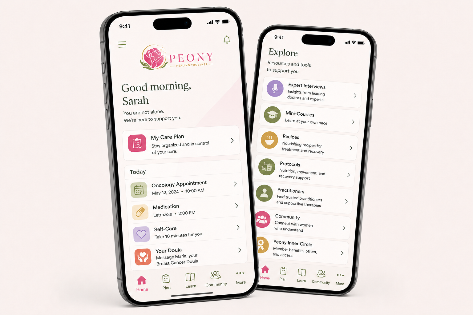 Peony App mockup showing home and explore screens