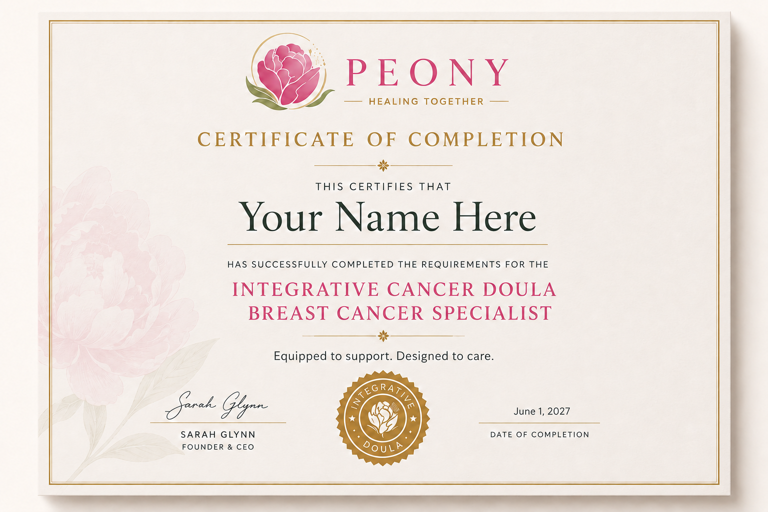 Peony Cancer Companion Certificate mockup
