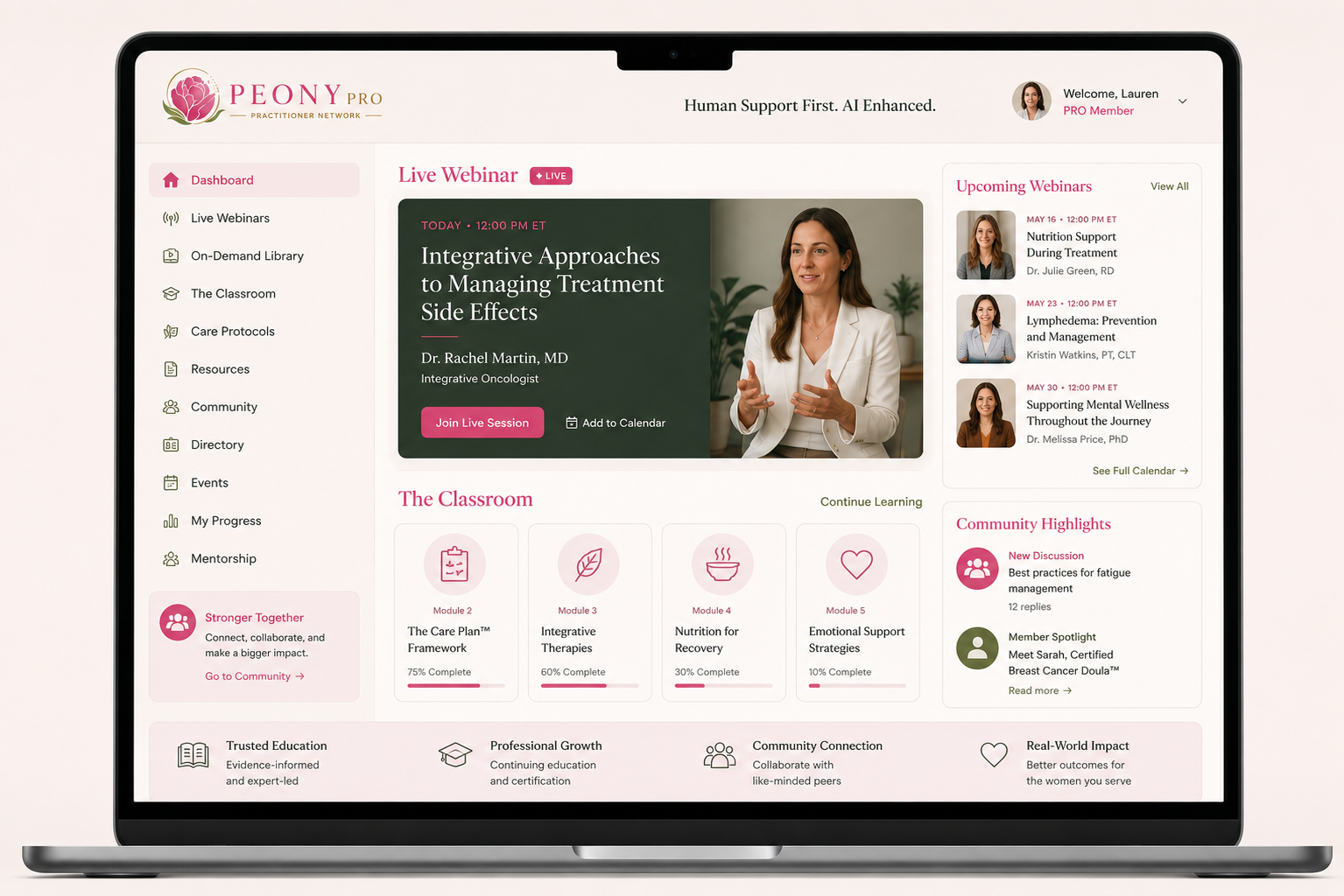 Online classroom practitioner webinar dashboard showing live webinar and upcoming sessions